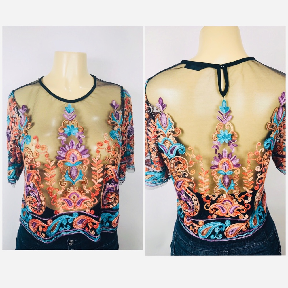 Blouse Top Sz S Sheer Monogram Floral Key Hole